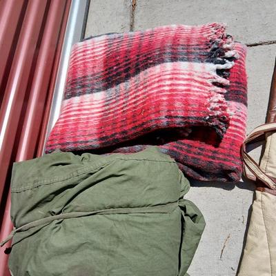 Outdoor Gear Lot – Sleeping Bag, Wool Blanket, fishing Rod, Solar Panel & Gun Case