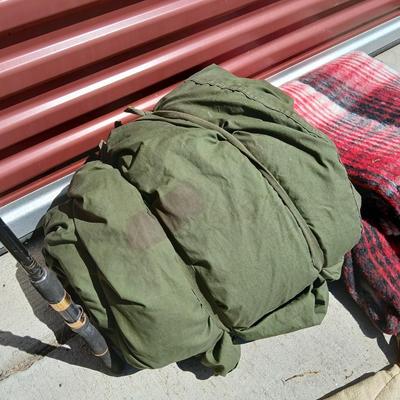 Outdoor Gear Lot – Sleeping Bag, Wool Blanket, fishing Rod, Solar Panel & Gun Case