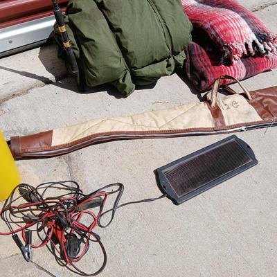Outdoor Gear Lot – Sleeping Bag, Wool Blanket, fishing Rod, Solar Panel & Gun Case