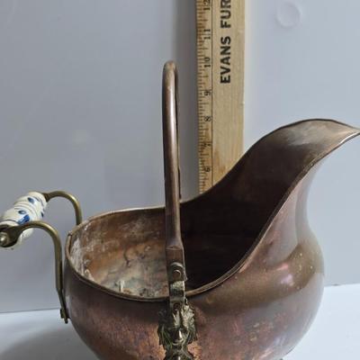 Antique Copper Coal Scuttle with Ceramic Handle