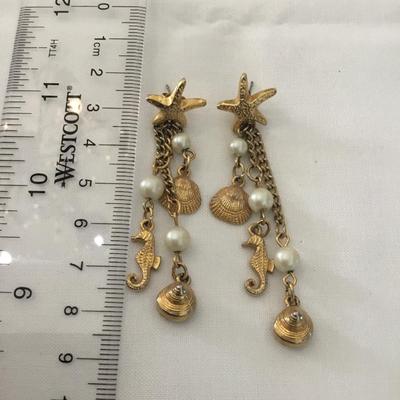 Vintage starfish, seahorse, charm stud, dangle earrings