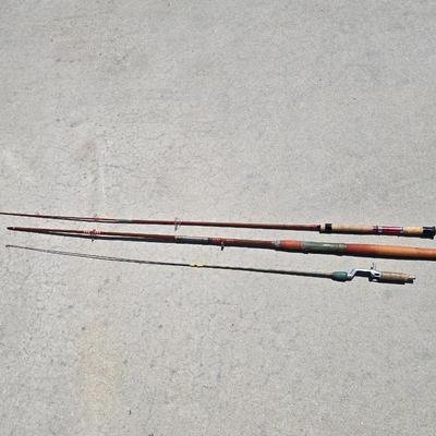 Lot of 3 Vintage Fishing Rods – Fiberglass & Wood Handles, Classic Hardware