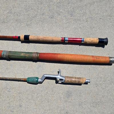 Lot of 3 Vintage Fishing Rods – Fiberglass & Wood Handles, Classic Hardware