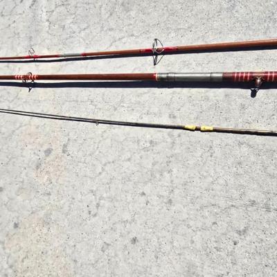 Lot of 3 Vintage Fishing Rods – Fiberglass & Wood Handles, Classic Hardware