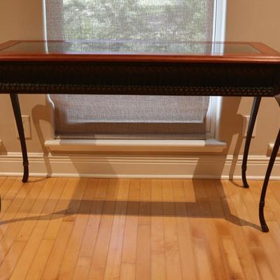 Glass-Top Console Table with Wood Frame and Metal Legs