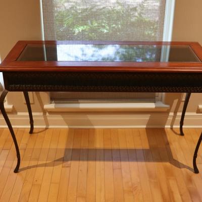 Glass-Top Console Table with Wood Frame and Metal Legs