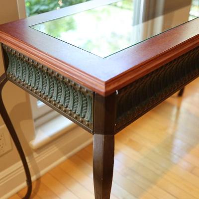 Glass-Top Console Table with Wood Frame and Metal Legs