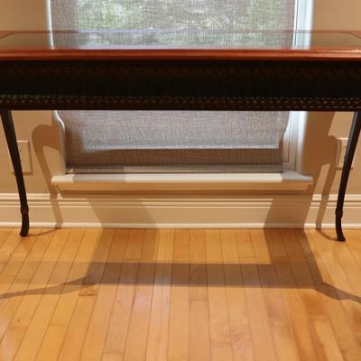 Glass-Top Console Table with Wood Frame and Metal Legs