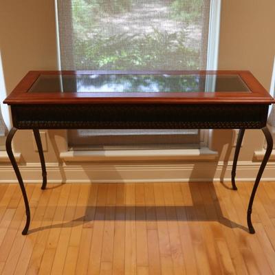 Glass-Top Console Table with Wood Frame and Metal Legs