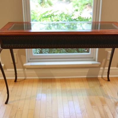Glass-Top Console Table with Wood Frame and Metal Legs
