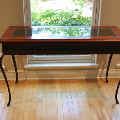 Glass-Top Console Table with Wood Frame and Metal Legs