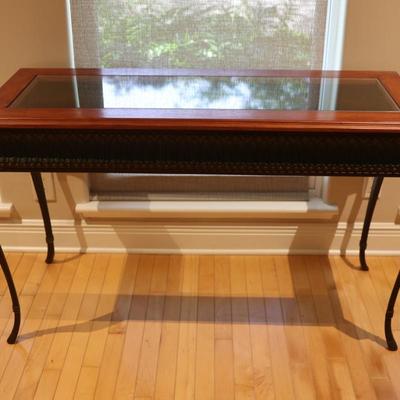 Glass-Top Console Table with Wood Frame and Metal Legs