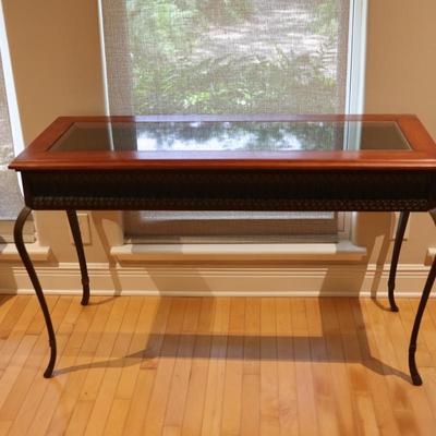 Glass-Top Console Table with Wood Frame and Metal Legs