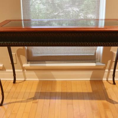 Glass-Top Console Table with Wood Frame and Metal Legs