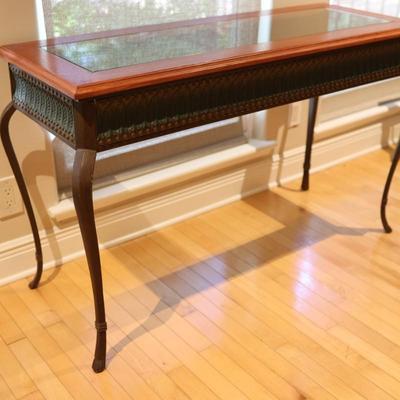 Glass-Top Console Table with Wood Frame and Metal Legs