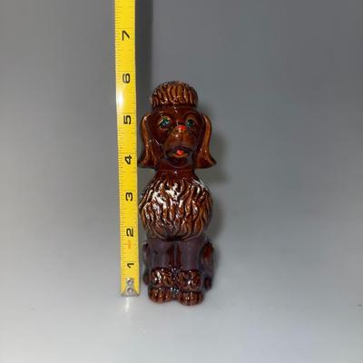 Vintage Redware Pottery Standard Poodle Green Rhinestone Eyes Kitschy Brown VGC