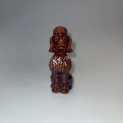 Vintage Redware Pottery Standard Poodle Green Rhinestone Eyes Kitschy Brown VGC
