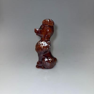 Vintage Redware Pottery Standard Poodle Green Rhinestone Eyes Kitschy Brown VGC