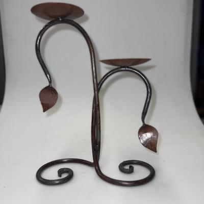 Wrought Iron Rustic Double Candle Holder Leaf