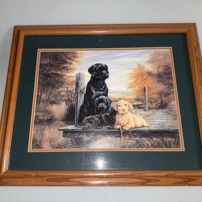 Picture Black Lab and Puppies Vintage Dogs framed in Wood