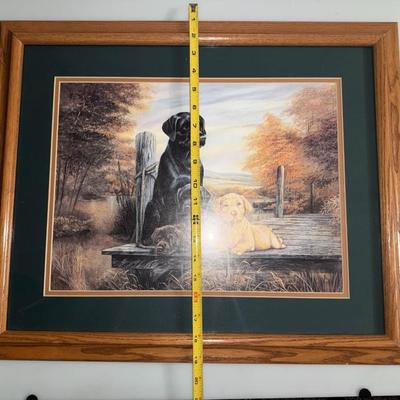 Picture Black Lab and Puppies Vintage Dogs framed in Wood
