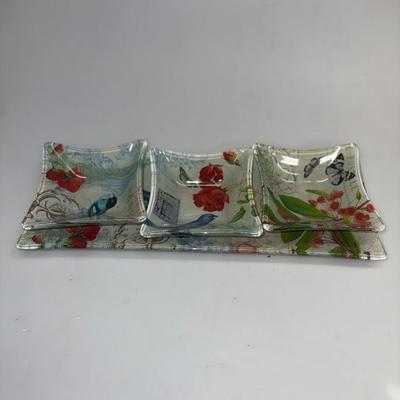 5 Piece Glass Serving Set Butterfly bird pattern