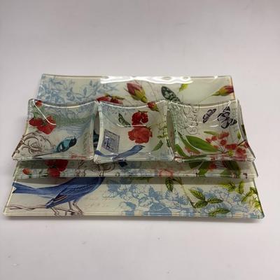 5 Piece Glass Serving Set Butterfly bird pattern