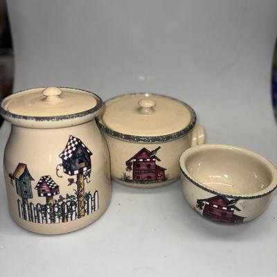 Set of 3 Birdhouse Crock Stoneware Cookie Jar Canister Planter USA