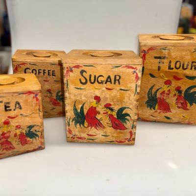 Vintage Nasco Wooden Rooster Canister Set hand painted Japan Made