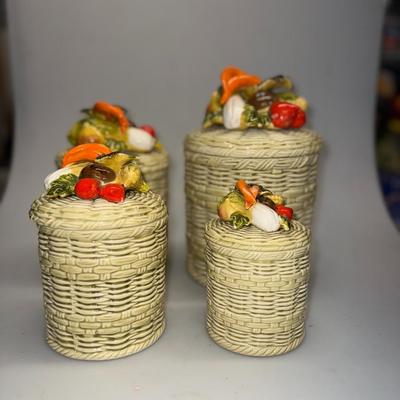 3 VTG Lefton George Imports Ceramic Kitchen Canisters w/ Veg Lids Japan