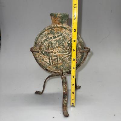 Jurassic Velociraptor Reproduction Fossil Vase Flask w/ Metal Stand