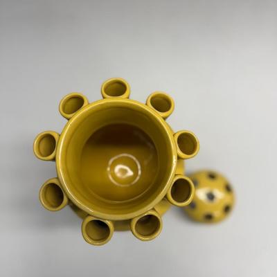 Vintage YELLOW CERAMIC TULIPIERE 15 Hole Tulip Flower Vase 12” W/ Removable Top