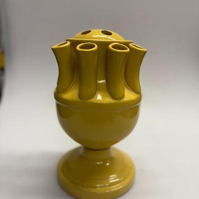 Vintage YELLOW CERAMIC TULIPIERE 15 Hole Tulip Flower Vase 12” W/ Removable Top