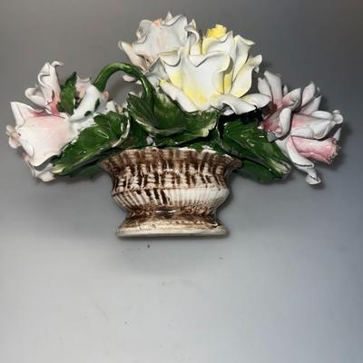 Vintage Capodimonte porcelain flower basket 3 yellow 2 pink roses