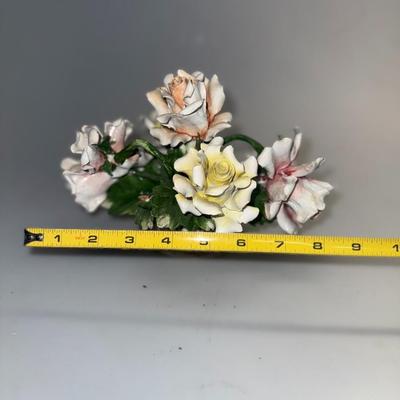 Vintage Capodimonte porcelain flower basket 3 yellow 2 pink roses
