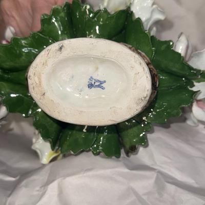 Vintage Capodimonte porcelain flower basket 3 yellow 2 pink roses