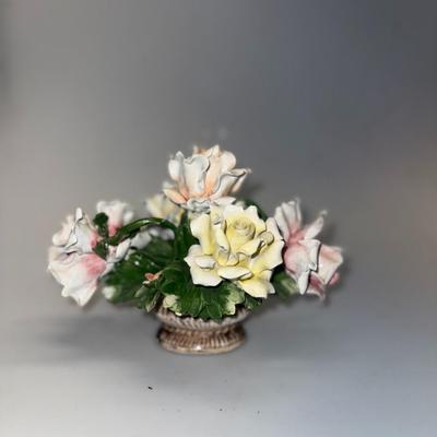 Vintage Capodimonte porcelain flower basket 3 yellow 2 pink roses