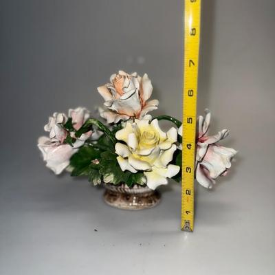 Vintage Capodimonte porcelain flower basket 3 yellow 2 pink roses