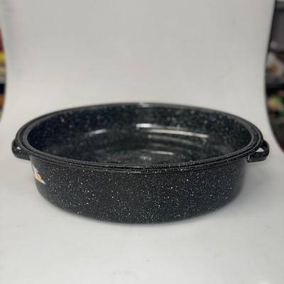 Vintage Large USA Graniteware Roasting Pan with Lid Blue Speckled Farmhouse Kitchen Enamel Roasting Pan