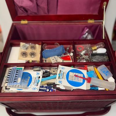 Red and Floral Sewing Box w/ accessories