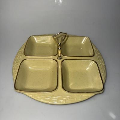 California Pottery Divided Dish with Handle Olive Green, Mid Century Modern Relish Dish, Condiments Dish, Ca Pottery,