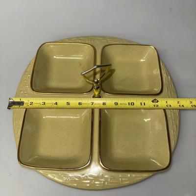 California Pottery Divided Dish with Handle Olive Green, Mid Century Modern Relish Dish, Condiments Dish, Ca Pottery,