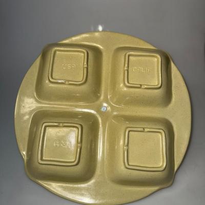 California Pottery Divided Dish with Handle Olive Green, Mid Century Modern Relish Dish, Condiments Dish, Ca Pottery,
