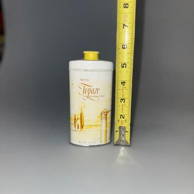 Vintage Avon Topaze perfumed talc, Avon yellow powder, vintage Avon powder, vintage yellow tin, powder tin yellow, powder tin vintage