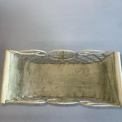 Vintage Shabby Painted Cream Green Distressed Metal Magazine Rack Basket Floral