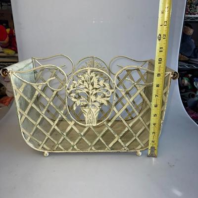 Vintage Shabby Painted Cream Green Distressed Metal Magazine Rack Basket Floral