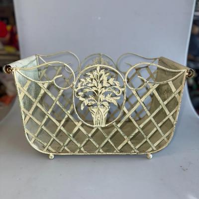 Vintage Shabby Painted Cream Green Distressed Metal Magazine Rack Basket Floral