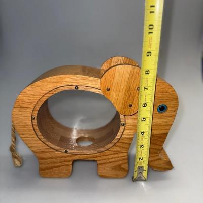 Wood Elephant Coin Bank with Transparent Plexiglass