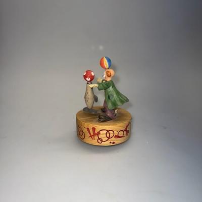 Wood ANRI Spinning Music Box Clown Seal Plays "The Entertainer" Hand Crafted in Italy