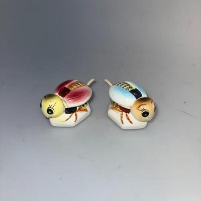 Vintage Bumble Bee Honey Pots Set of 2 with Lids & Spoons Hand Painted in Japan